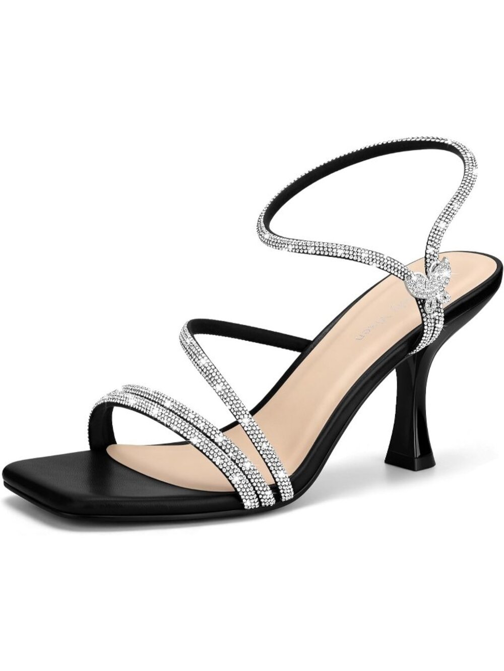 Women's Black Rhinestone Strappy Square Open Toe Sculpted Spool Heel Sandals